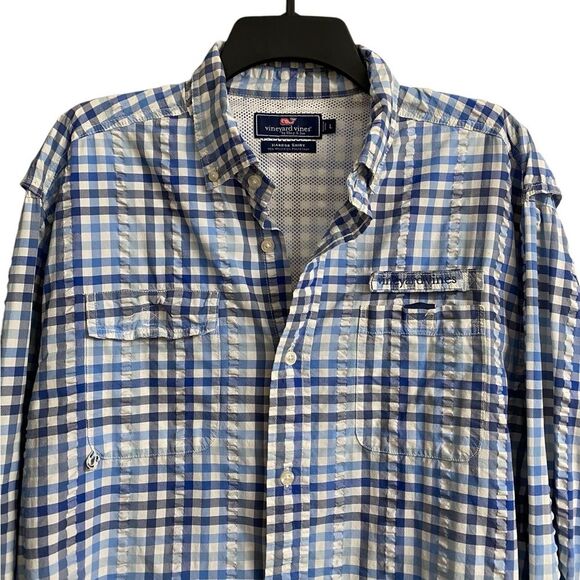Vineyard Vines Plaid Harbor Shirt Men's Sz L Blue White Long Sleeve Vented Beach - Picture 2 of 15